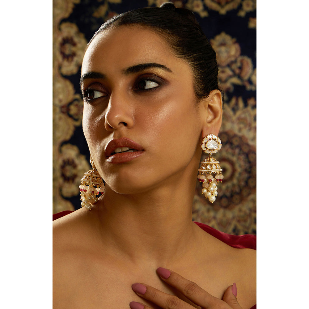 Joules By Radhika Ivory Blossom Pearl Stone Jhumka Earrings