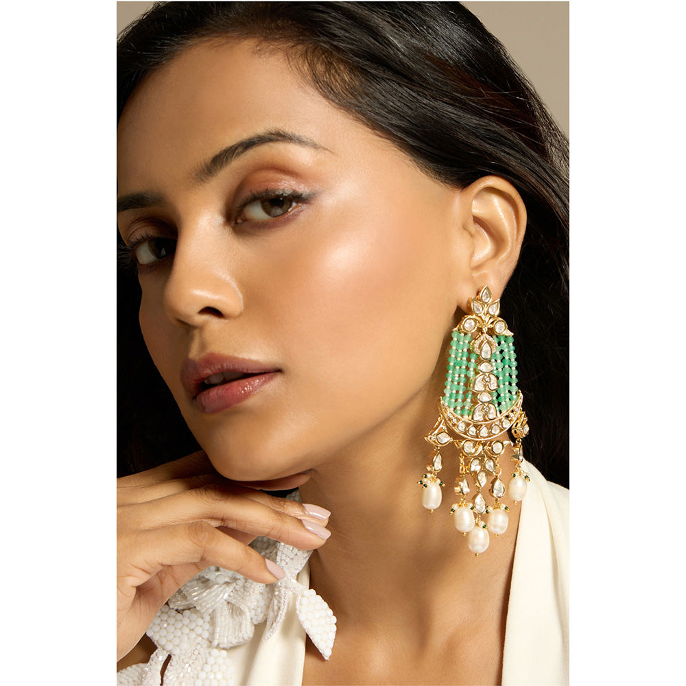 Joules By Radhika Green Garden Kundan Pearl Chandbali Earrings