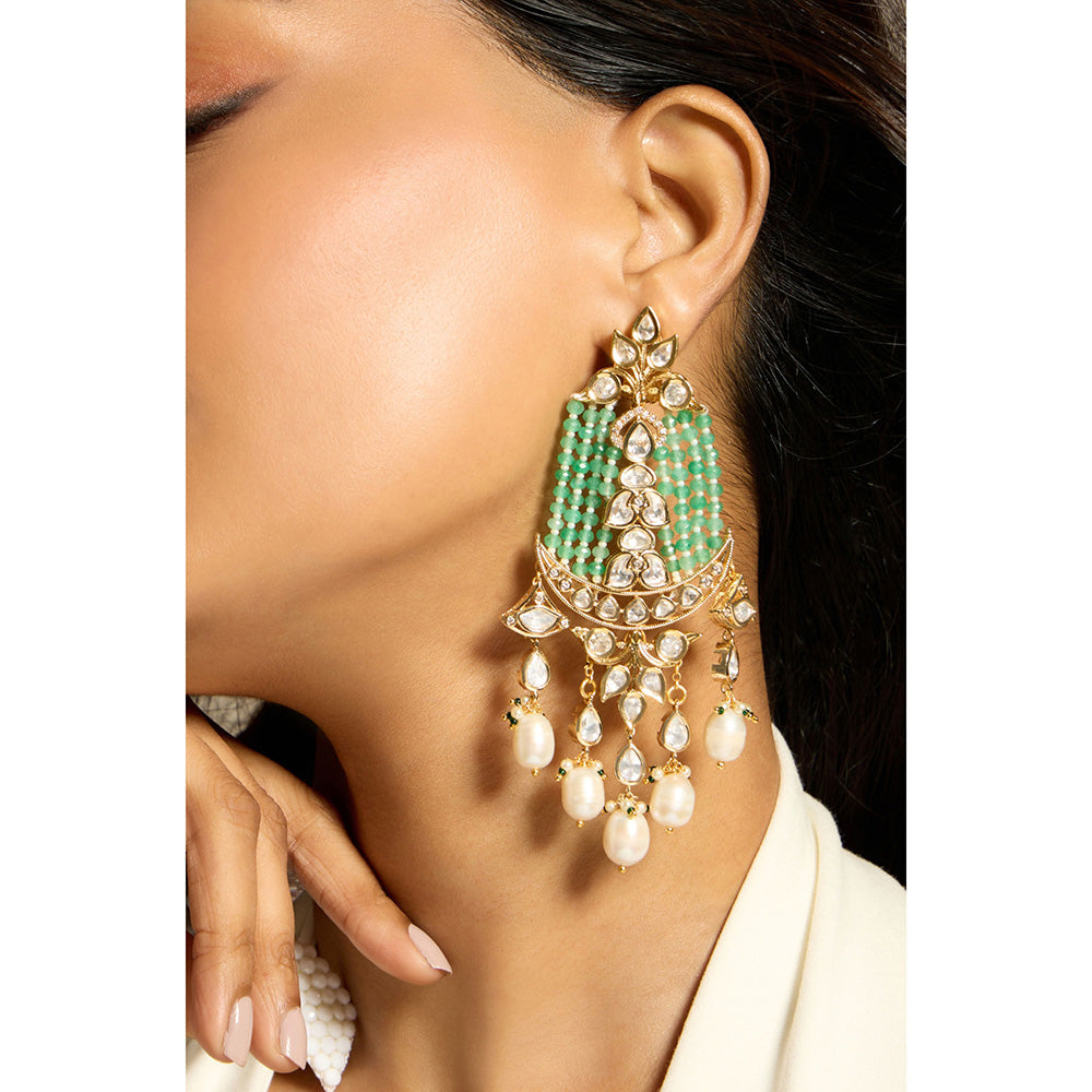 Joules By Radhika Green Garden Kundan Pearl Chandbali Earrings