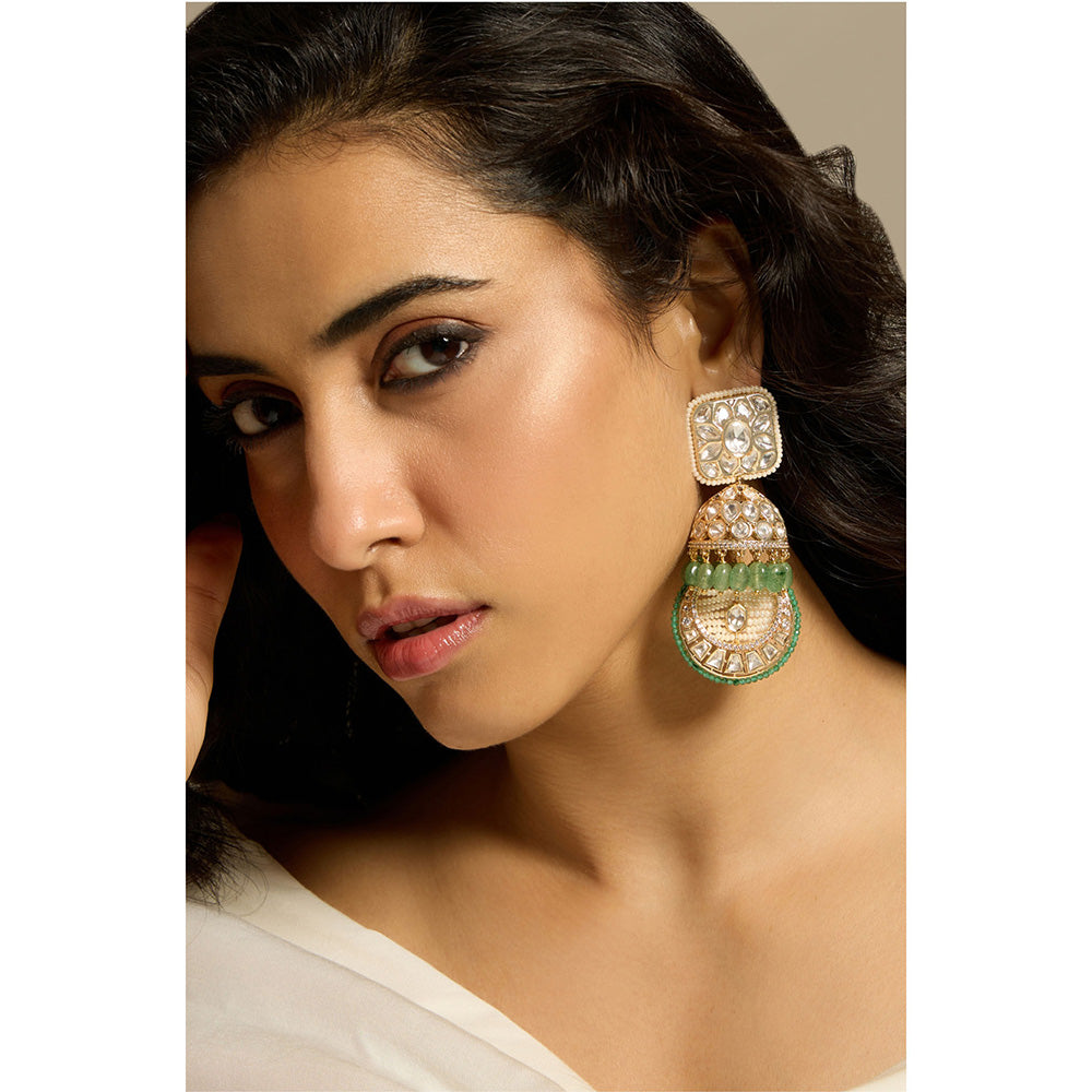 Joules By Radhika Exquisite Green Bead Kundan Polki Jhumka Earrings