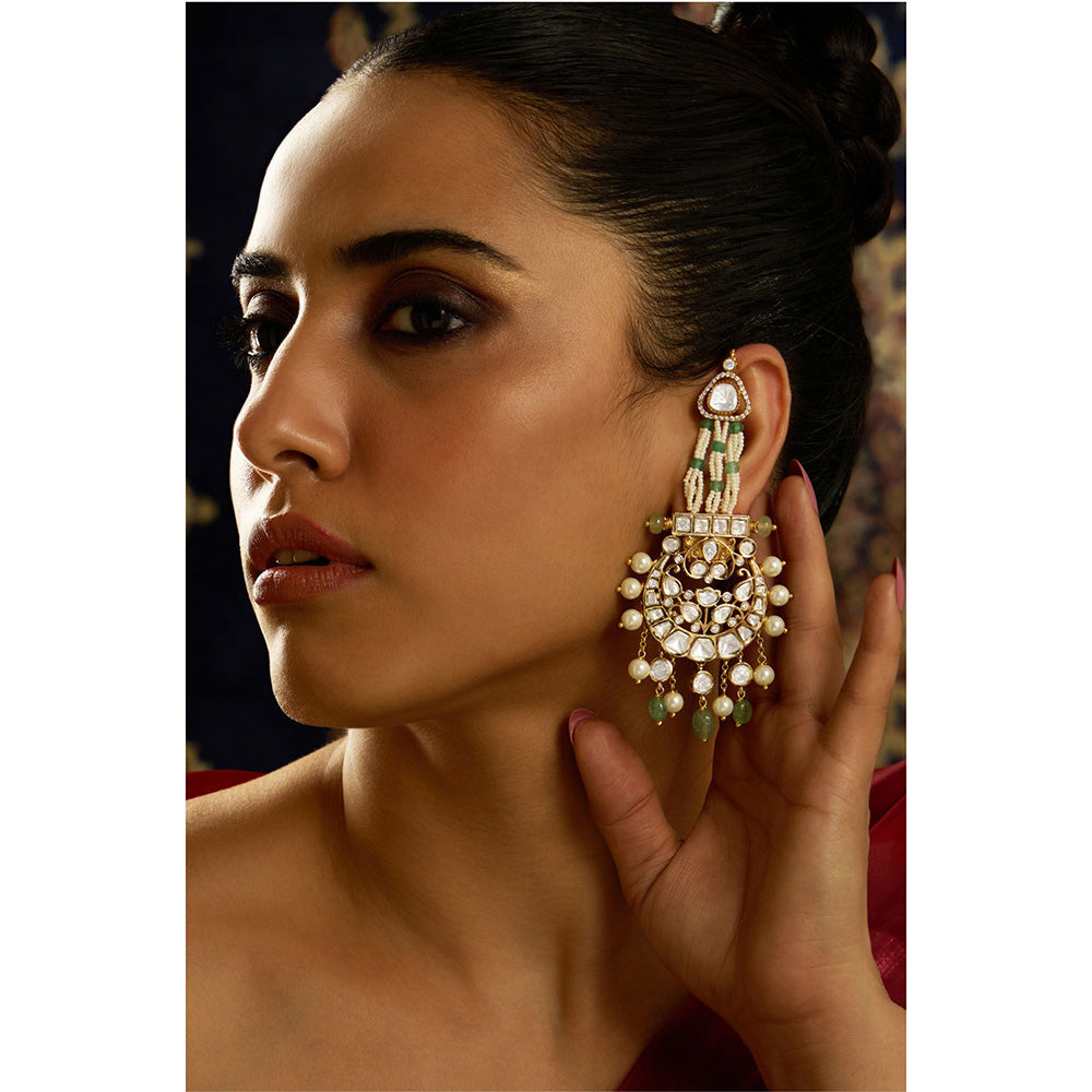 Joules By Radhika Green Kundan Pearl Ethereal Pearl Chandbali Earrings