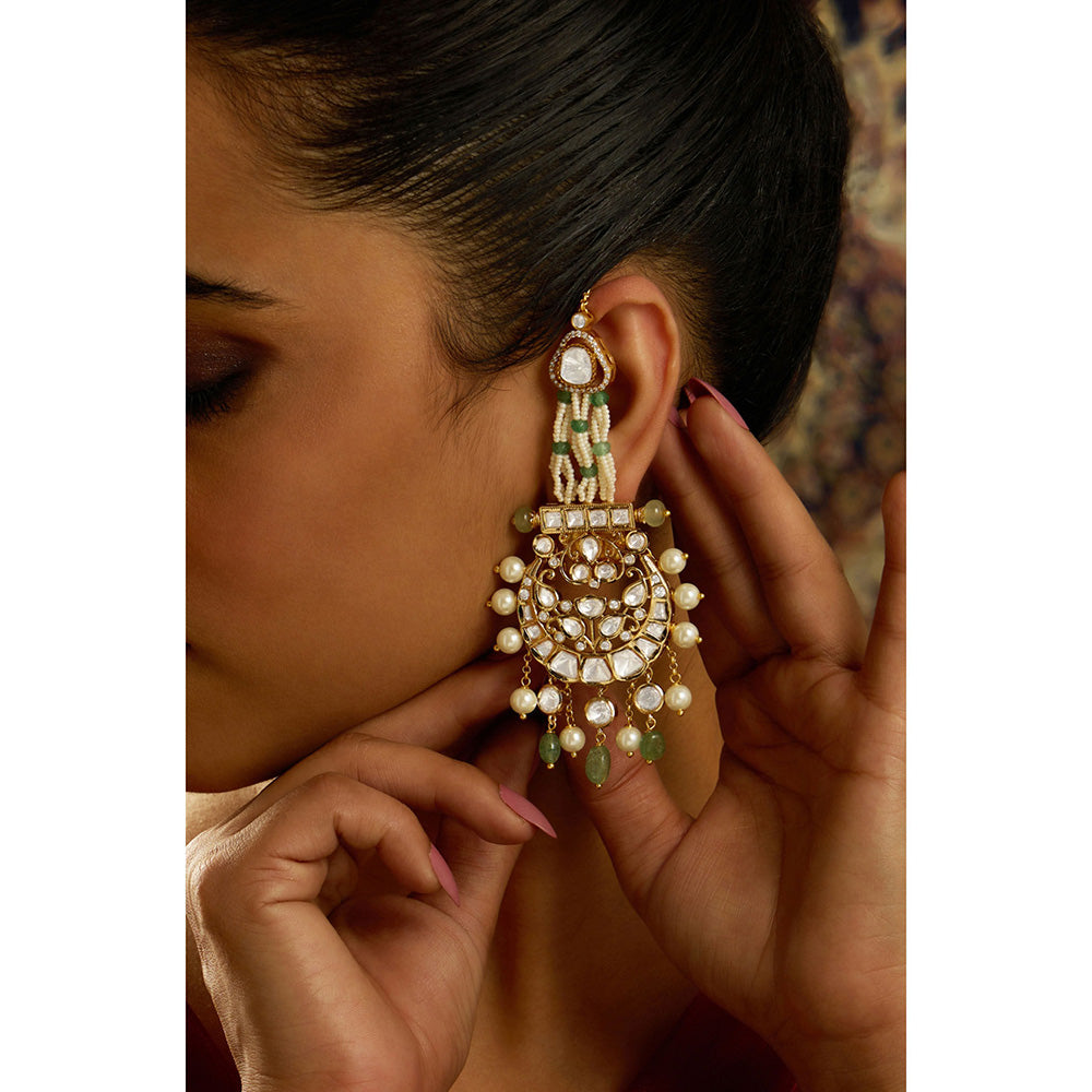 Joules By Radhika Green Kundan Pearl Ethereal Pearl Chandbali Earrings