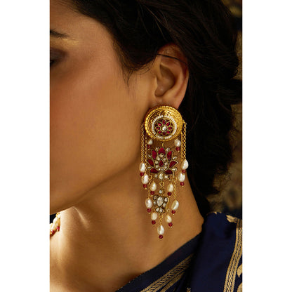 Joules By Radhika Red Ember Stone Pearl Elegance Dangler Earrings