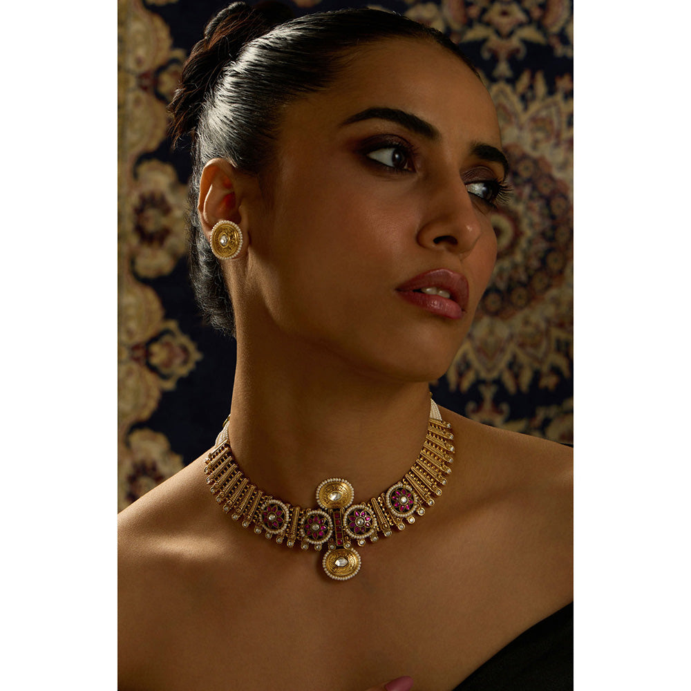 Joules By Radhika Pink Pearl and Stone Rajwadi Necklace Set