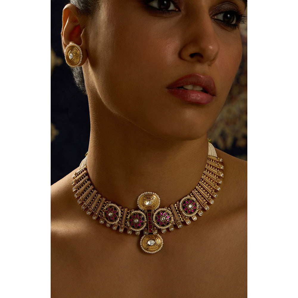 Joules By Radhika Pink Pearl and Stone Rajwadi Necklace Set