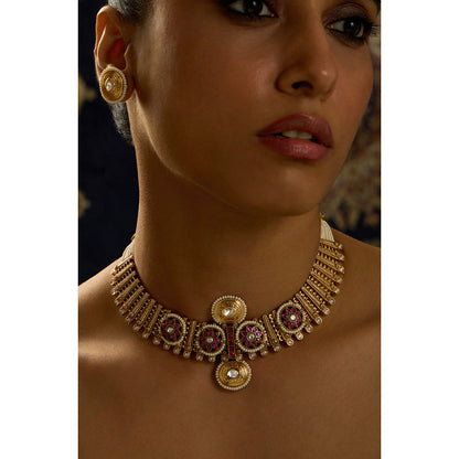 Joules By Radhika Pink Pearl and Stone Rajwadi Necklace Set