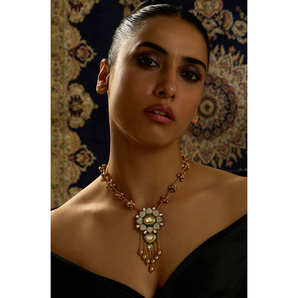Joules By Radhika Green Beaded White Floral Pearl Elegance Necklace
