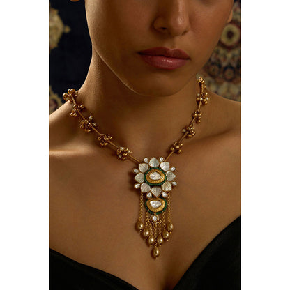 Joules By Radhika Green Beaded White Floral Pearl Elegance Necklace