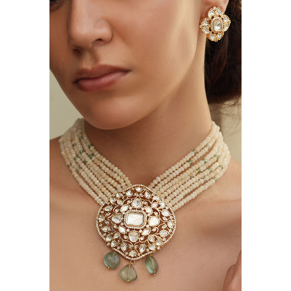 Joules By Radhika Green Stone Polki Bead and Pearl Necklace Set