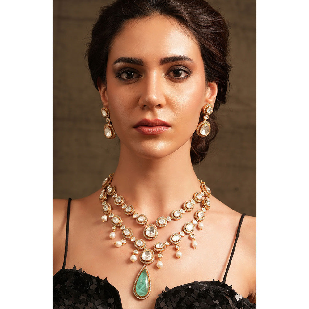 Joules By Radhika Green Cascade Polki Necklace Set