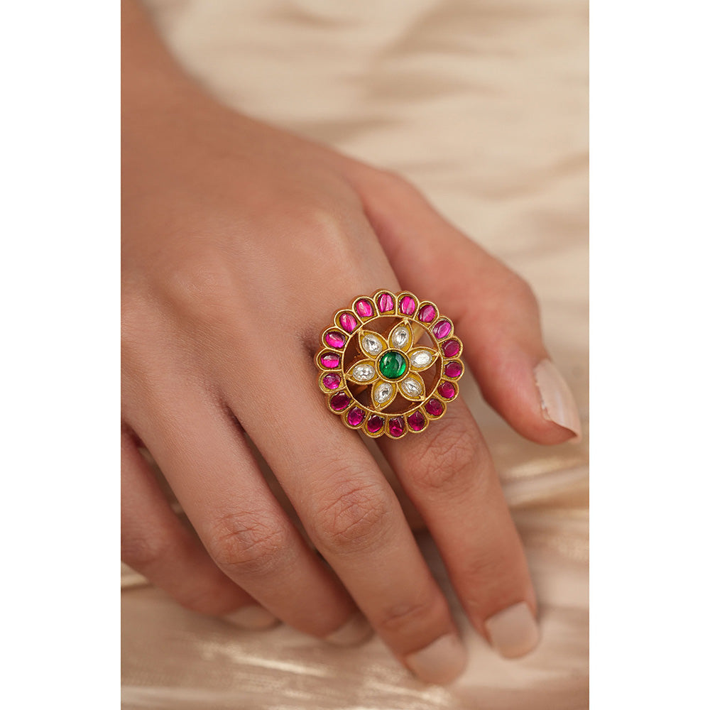 Joules By Radhika Multi-Color Polki Flower Adjustable Ring