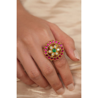Joules By Radhika Multi-Color Polki Flower Adjustable Ring