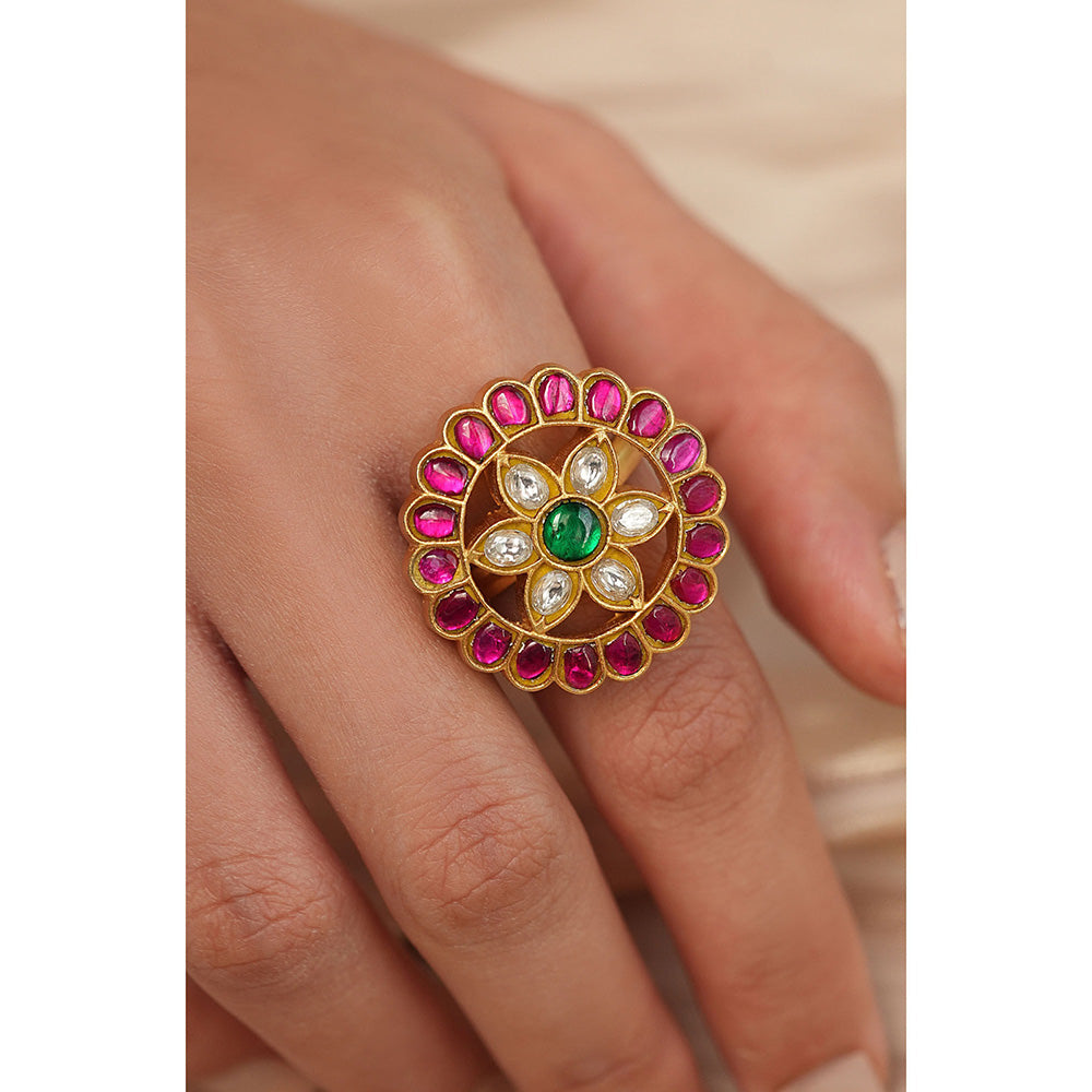 Joules By Radhika Multi-Color Polki Flower Adjustable Ring