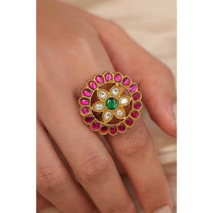 Joules By Radhika Multi-Color Polki Flower Adjustable Ring