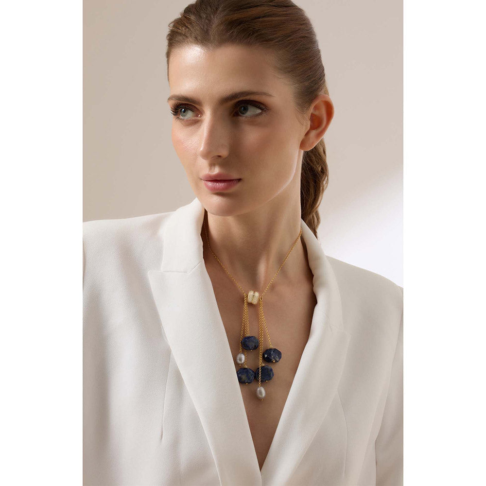 Joules By Radhika Avenari Gold Plated Navy Blue Stone Pearl Necklace