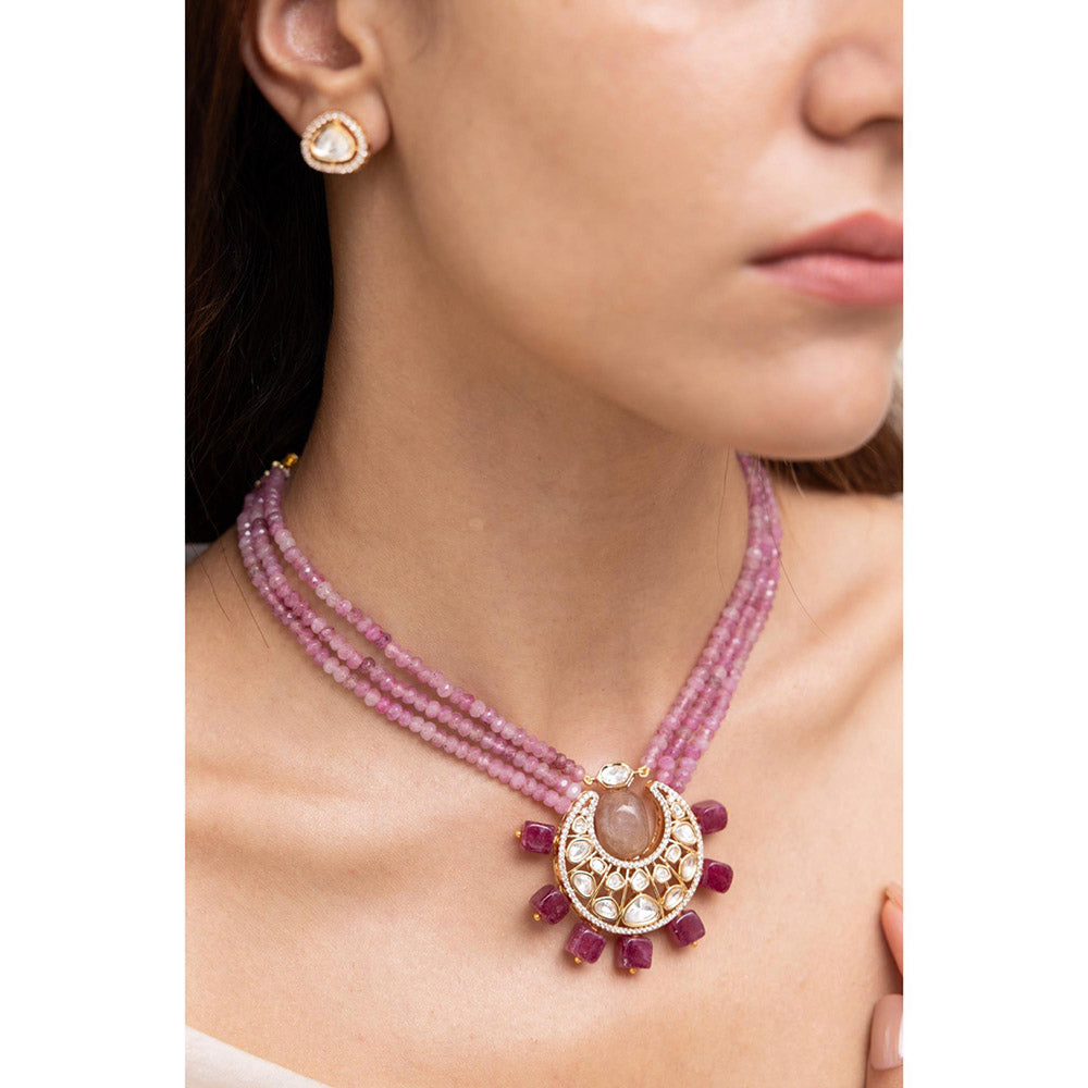 Joules By Radhika Tishya Pink Kundan Beads Necklace Set