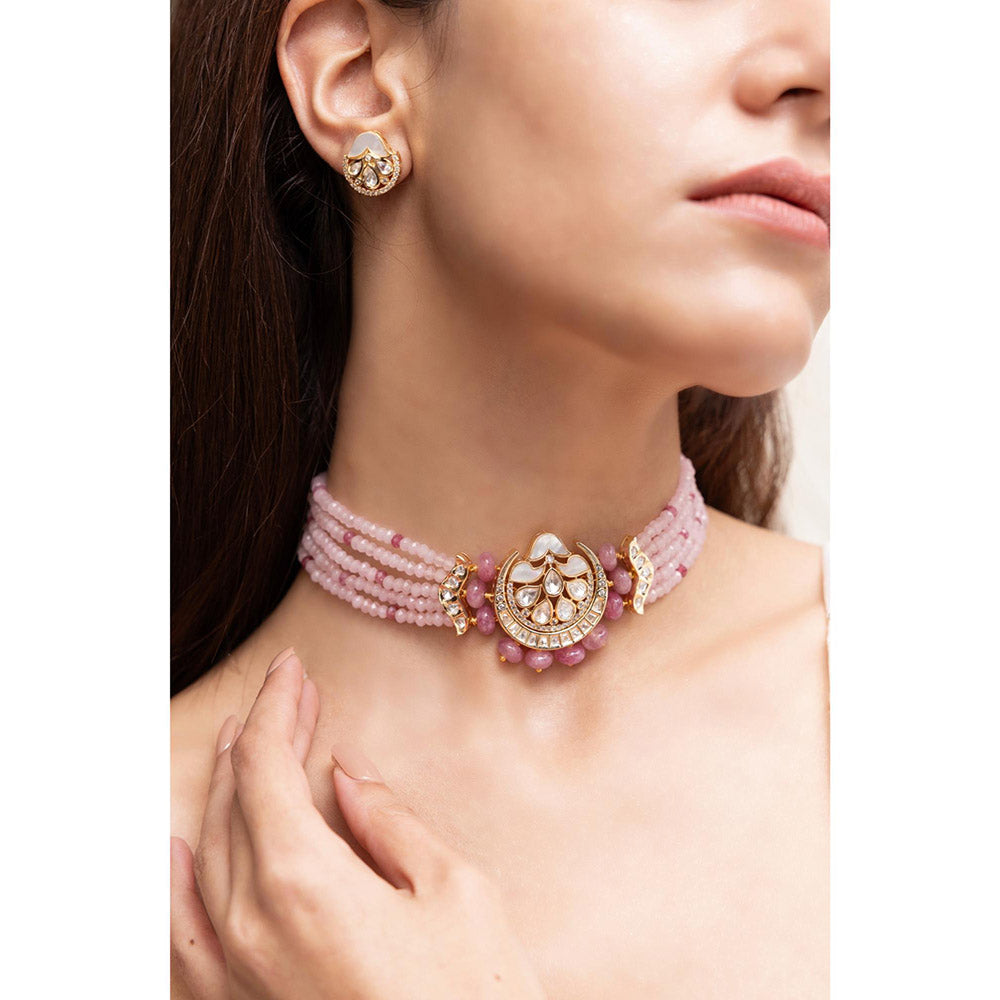 Joules By Radhika Vinaya Rosy Pink Beads Kundan Choker Set