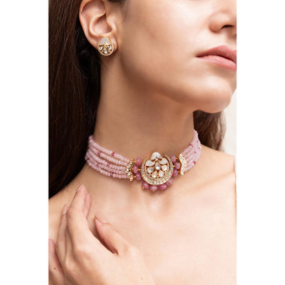 Joules By Radhika Vinaya Rosy Pink Beads Kundan Choker Set