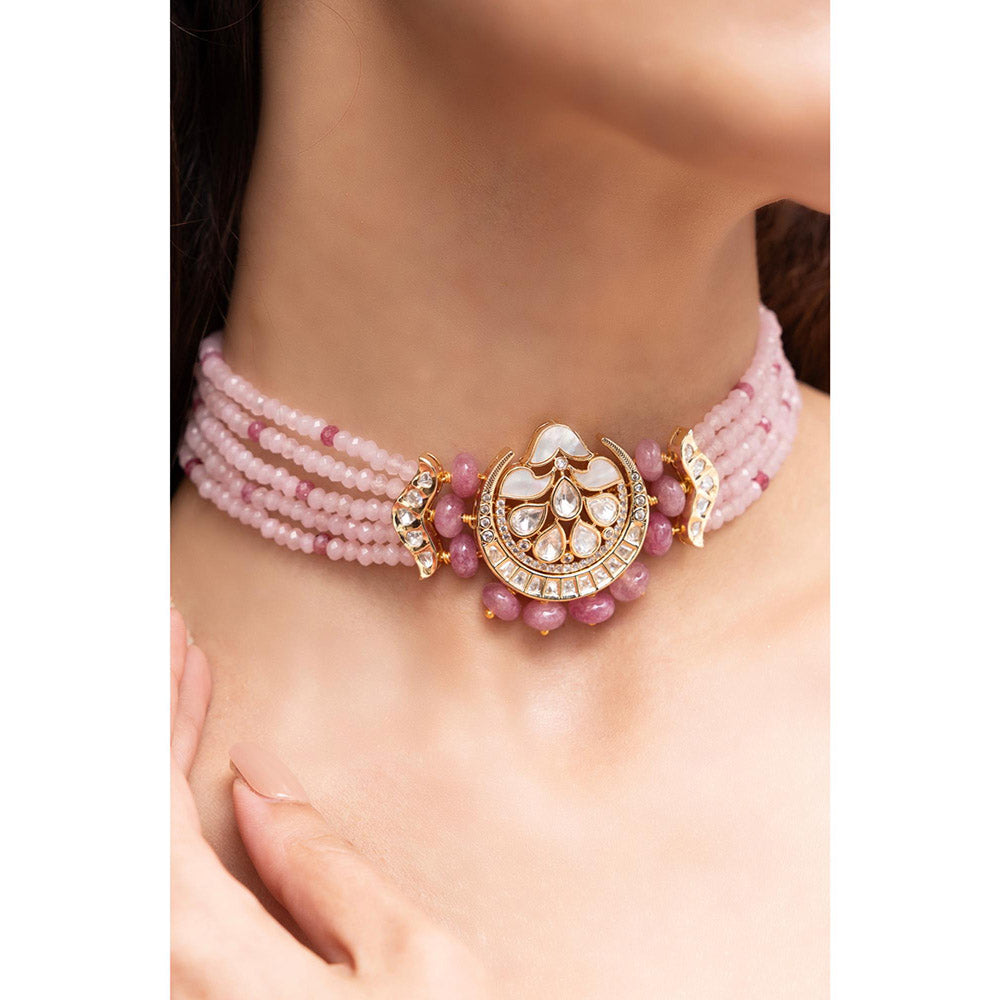 Joules By Radhika Vinaya Rosy Pink Beads Kundan Choker Set