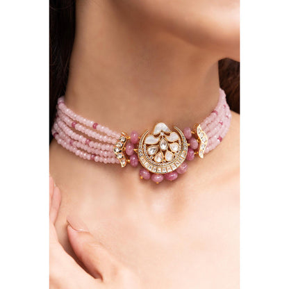 Joules By Radhika Vinaya Rosy Pink Beads Kundan Choker Set