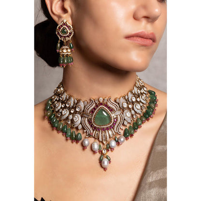 Joules By Radhika Chinmaya Green and Pink Kudan Stone Studded Necklace Set