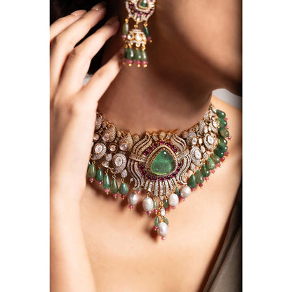 Joules By Radhika Chinmaya Green and Pink Kudan Stone Studded Necklace Set