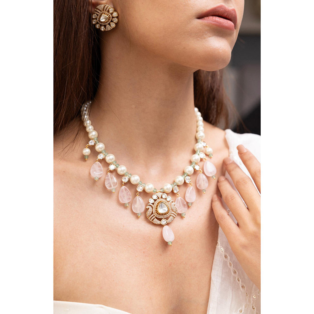 Joules By Radhika Sianne Pink Kundan Pearl Necklace Set