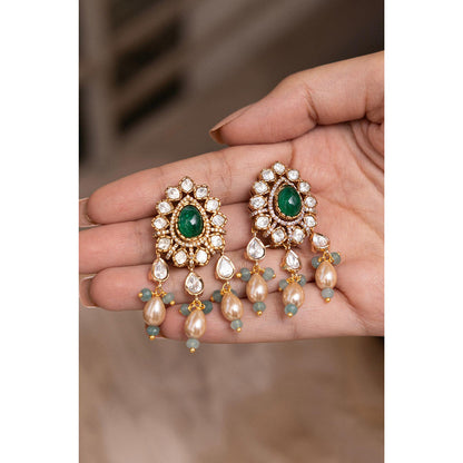 Joules By Radhika Rhea Deep Green Kundan Pearl Drop Earrings