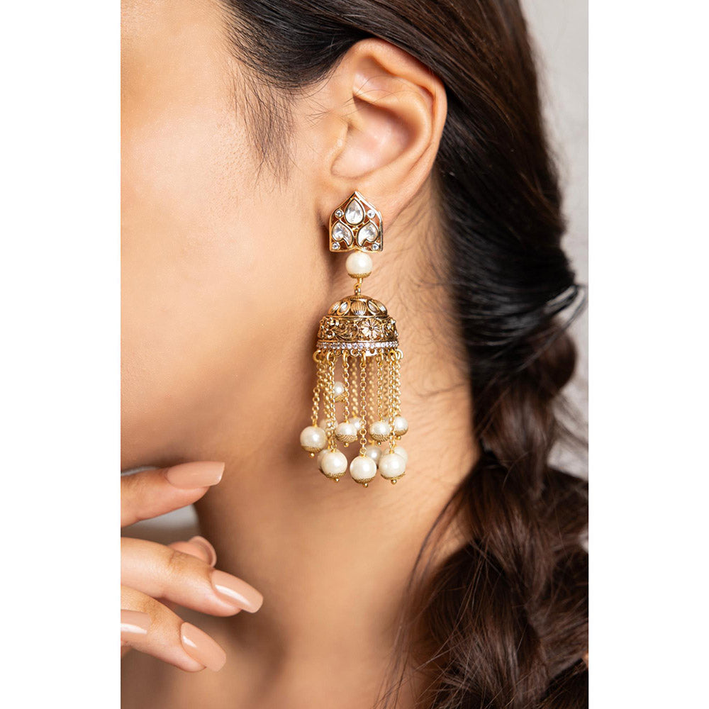 Joules By Radhika Larisa White Kundan Stone Studded Jhumka Earrings