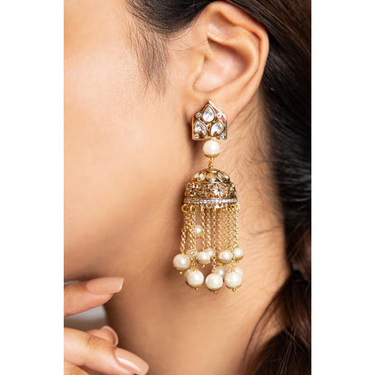 Joules By Radhika Larisa White Kundan Stone Studded Jhumka Earrings