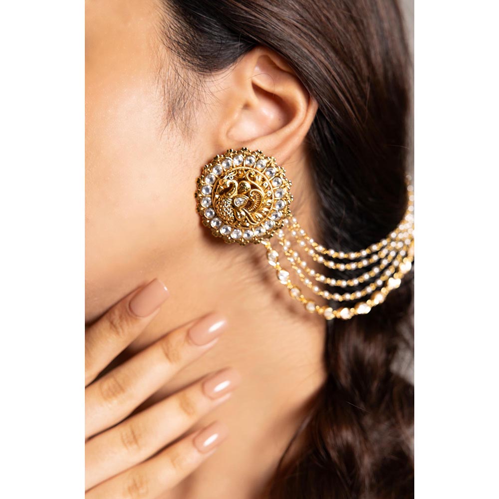 Joules By Radhika Naraya Kundan Stud Earrings with Attached Ear Chain