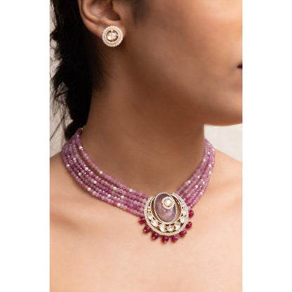 Joules By Radhika Lakshi Pink Beads Kundan Necklace Set