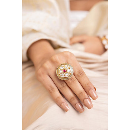 Joules By Radhika Dhruya Pink Kundan Pearl Adjustable Ring