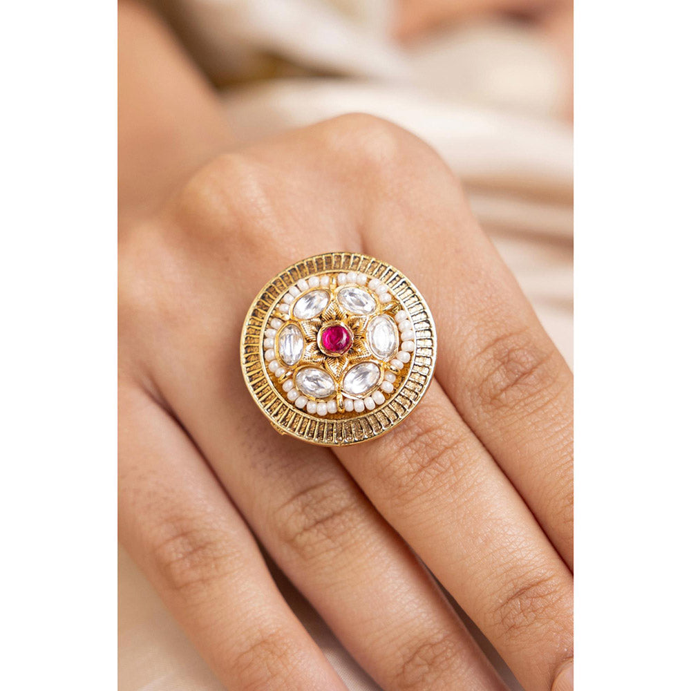 Joules By Radhika Dhruya Pink Kundan Pearl Adjustable Ring