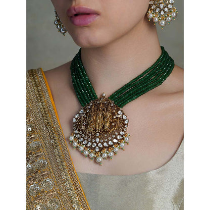 Joules By Radhika Green Emerald Dome Temple Necklace with Earrings