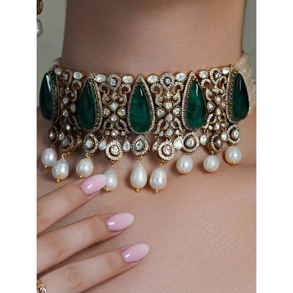 Joules By Radhika Green Pearla Verd Fringe Choker with Earrings