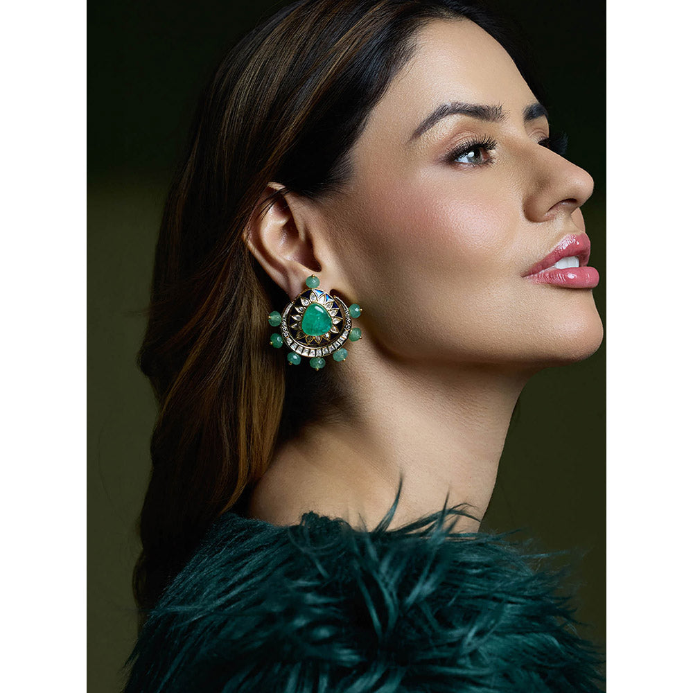 Joules By Radhika Green Graceful Emerald Halo Chandbali Earrings