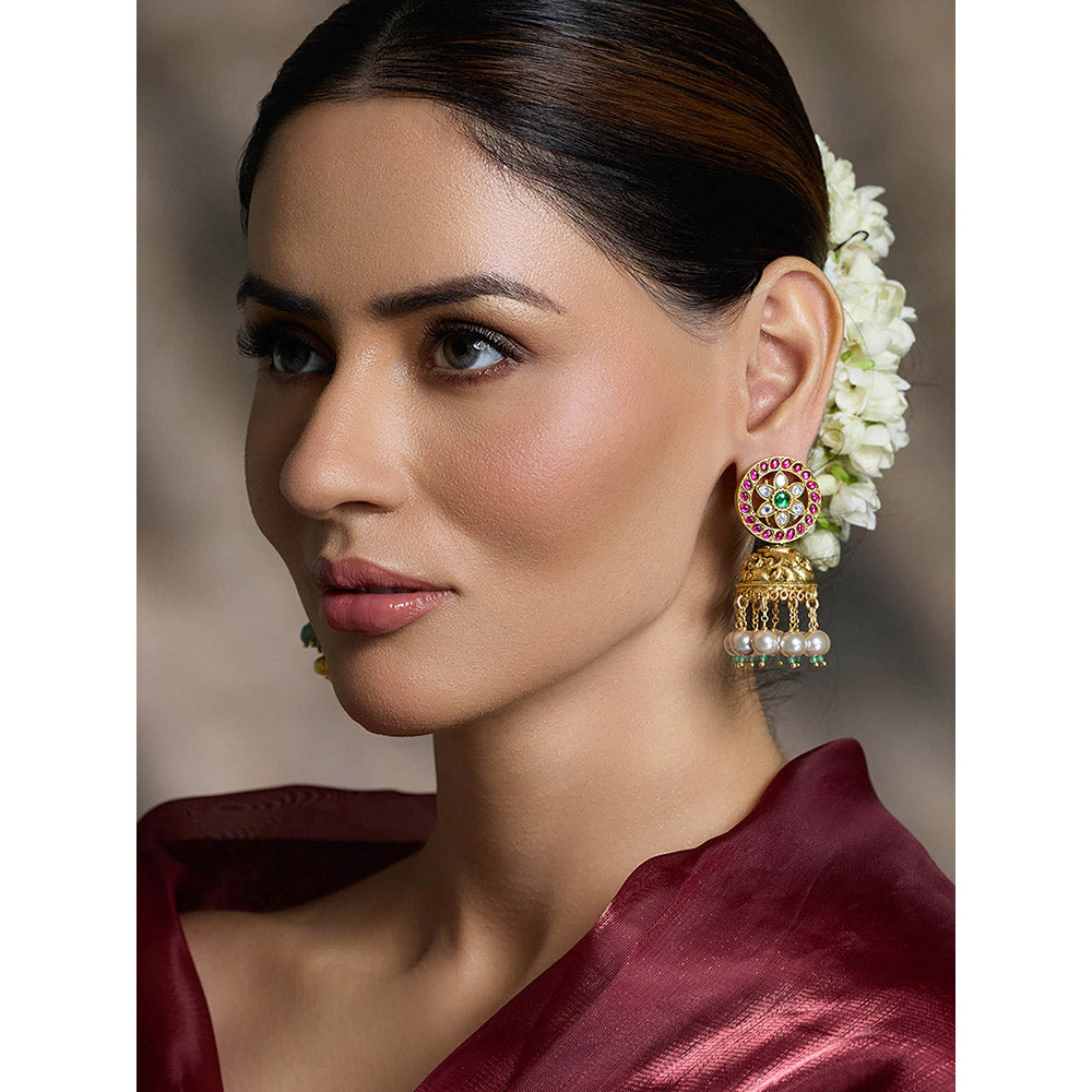 Joules By Radhika Multi-Color Pearl Kundan Jhumka Earrings