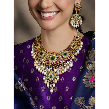 Joules By Radhika Multi-Color Royal Bridal Polki Necklace with Earrings