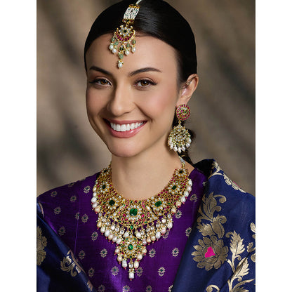 Joules By Radhika Multi-Color Royal Bridal Polki Necklace with Earrings