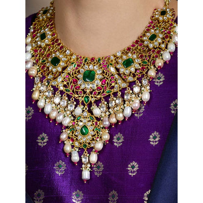 Joules By Radhika Multi-Color Royal Bridal Polki Necklace with Earrings