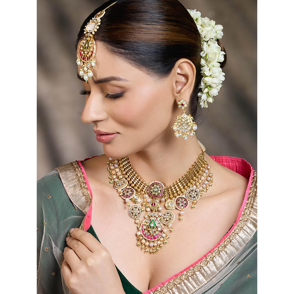 Joules By Radhika Multi-Color Royal Crimson Cascade Necklace with Earrings