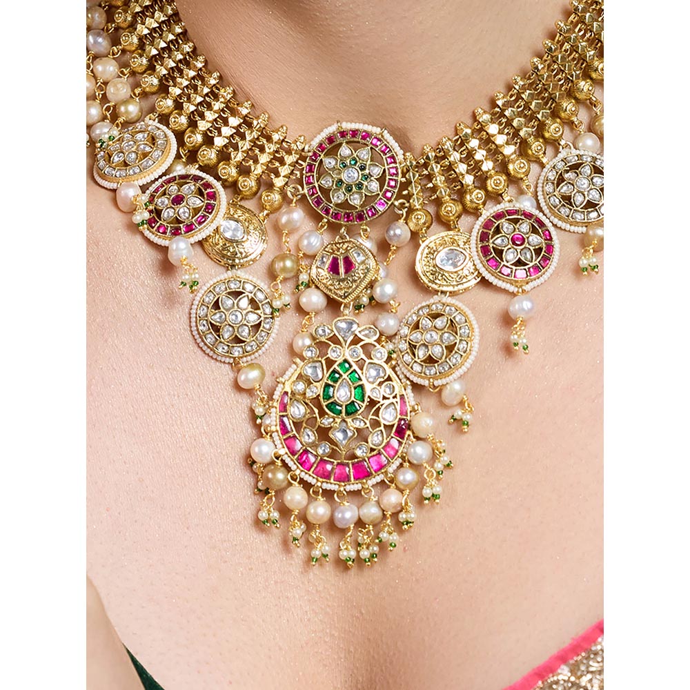 Joules By Radhika Multi-Color Royal Crimson Cascade Necklace with Earrings