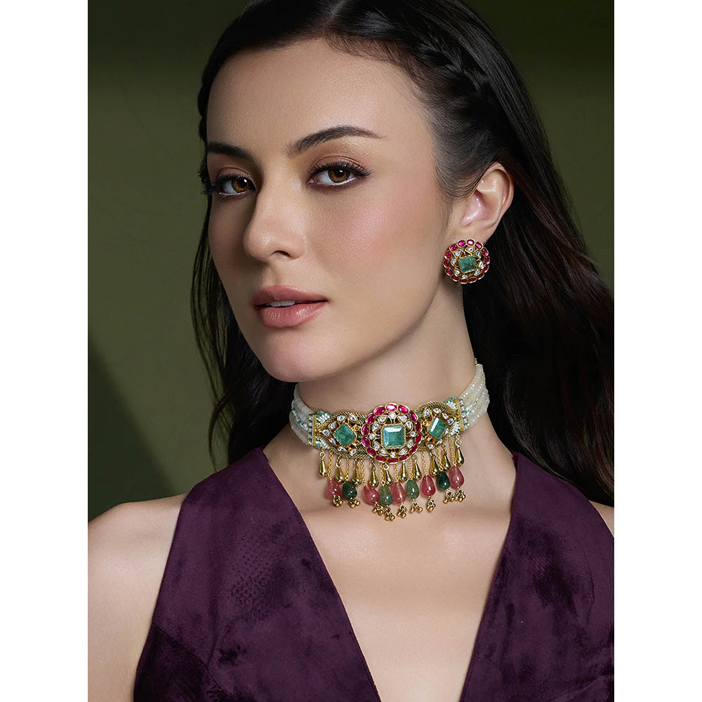 Joules By Radhika Multi-Color Royal Petal Cascade Choker with Earrings