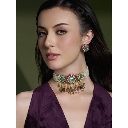 Joules By Radhika Multi-Color Royal Petal Cascade Choker with Earrings