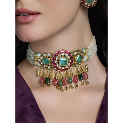 Joules By Radhika Multi-Color Royal Petal Cascade Choker with Earrings