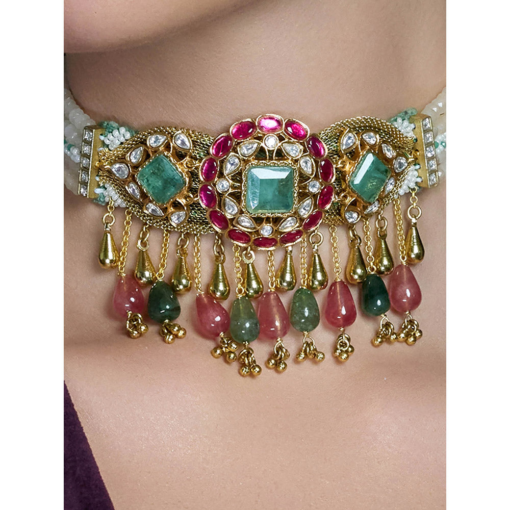 Joules By Radhika Multi-Color Royal Petal Cascade Choker with Earrings