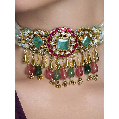 Joules By Radhika Multi-Color Royal Petal Cascade Choker with Earrings