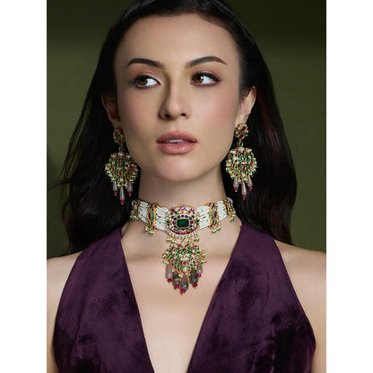 Joules By Radhika Multi-Color Riwayat Rooh Kundan Choker with Earrings