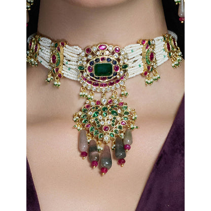 Joules By Radhika Multi-Color Riwayat Rooh Kundan Choker with Earrings